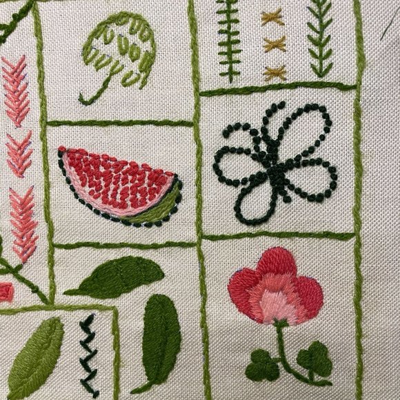 Vintage 1970s Crewel Embroidery Framed Pink Green Whimsical Nature Needlepoint - Picture 7 of 8